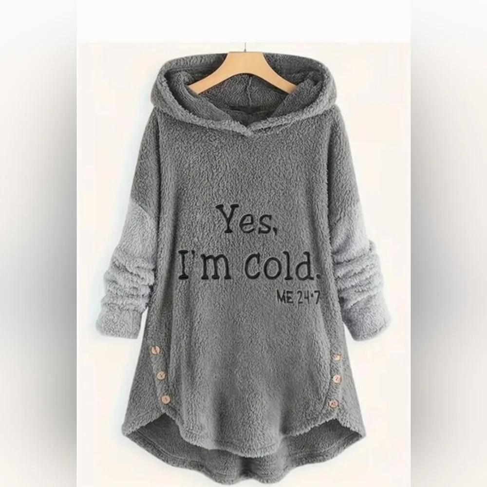 Yes, I'm cold ME 24:7 Grey Black Hoodie Sherpa Teddy Pullover Sweatshirt Large - Picture 1 of 9